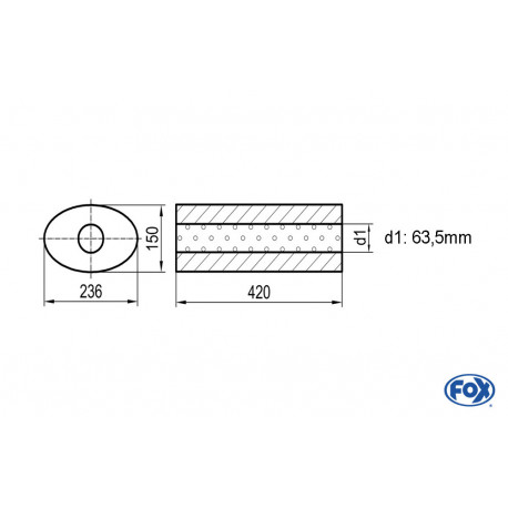 Uni-Schalldämpfer oval ohne Stutzen - Abwicklung 618 236x150mm, d1Ø 63.5 mm, Länge: 420mm