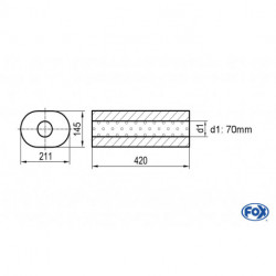 Uni-Schalldämpfer oval ohne Stutzen - Abwicklung 585 211x145mm, d1Ø 70mm, Länge: 420mm