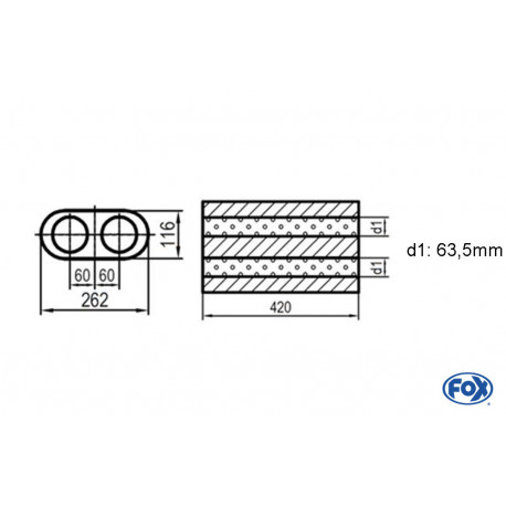 Uni-Schalldämpfer oval zweiflutig - Abwicklung 650 262x116mm, d1Ø 63.5 mm, Länge: 420mm mit perforierten Rohr Variante 2