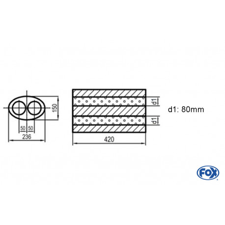 Uni-Schalldämpfer oval zweiflutig - Abwicklung 618 236x150mm, d1Ø 80mm, Länge: 420mm