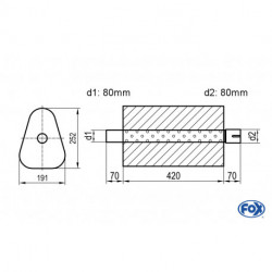 Uni-Schalldämpfer Dreieckig mit Stutzen - Abwicklung 725 191x252mm, d1Ø 80mm außen/ d2Ø 80mm innen - Länge: 420mm