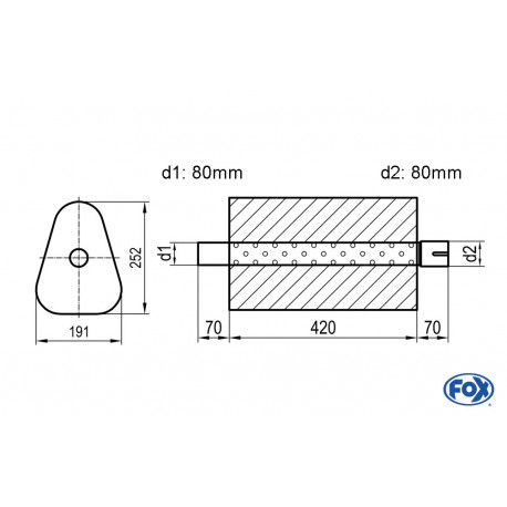 Uni-Schalldämpfer Dreieckig mit Stutzen - Abwicklung 725 191x252mm, d1Ø 80mm außen/ d2Ø 80mm innen - Länge: 420mm