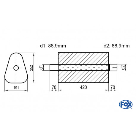 Uni-Schalldämpfer Dreieckig mit Stutzen - Abwicklung 725 191x252mm, d1Ø 88,9mm außen/ d2Ø 88,9mm innen - Länge: 420mm