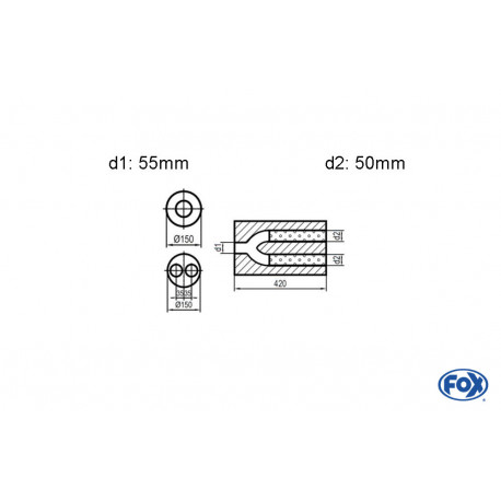 Uni-Schalldämpfer rund zweiflutig mit Hose - Abwicklung 466 Ø 150mm, d1Ø 55mm d2Ø 50mm, Länge: 420mm