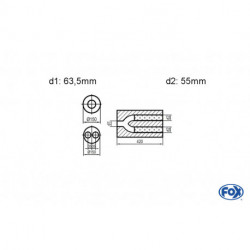 Uni-Schalldämpfer rund zweiflutig mit Hose - Abwicklung 466 Ø 150mm, d1Ø 63.5 mm d2Ø 55mm, Länge: 420mm