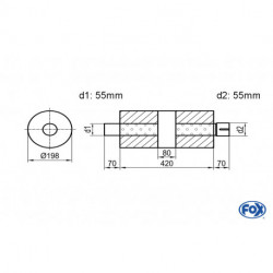 Uni-Schalldämpfer rund mit Kammer + Stutzen - Abw. 626 Ø 198mm, d1Ø 55mm (außen) d2Ø 55,5mm (innen), Länge: 420mm