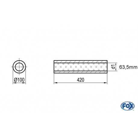 Uni-Schalldämpfer rund ohne Stutzen mit Kammer - Abw. 314 Ø 100mm, d1Ø 63.5 mm (außen), Länge: 420mm