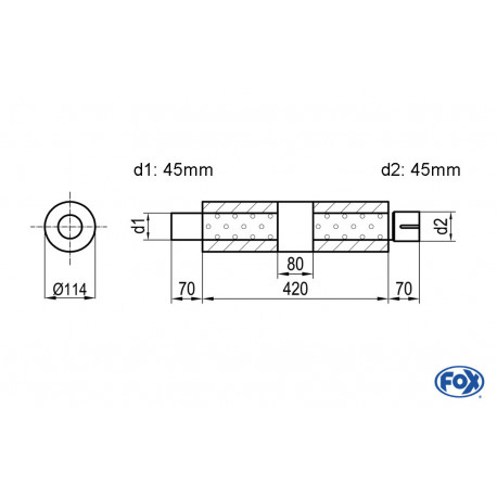 Uni-Schalldämpfer rund mit Kammer + Stutzen - Abw. 355 Ø 114mm, d1Ø 45mm (außen), d2Ø 45mm (innen), Länge: 420mm