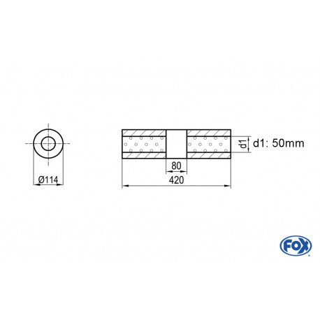 Uni-Schalldämpfer rund ohne Stutzen mit Kammer - Abw. 355 Ø 114mm, d1Ø 50mm (außen), Länge: 420mm