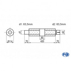 Uni-Schalldämpfer rund mit Kammer + Stutzenr - Abw. 355 Ø 114mm, d1Ø 63.5 mm (außen), d2Ø 63.5 mm (innen), Länge: 420mm