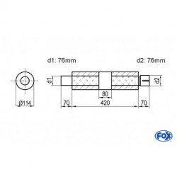 Uni-Schalldämpfer rund mit Kammer + Stutzen - Abw. 355 Ø 114mm, d1Ø 76mm (außen), d2Ø 76mm (innen), Länge: 420mm