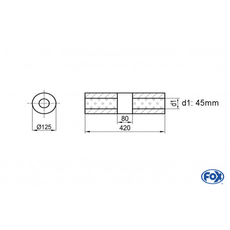 Uni-Schalldämpfer rund ohne Stutzen mit Kammer - Abw. 390 Ø 125mm, d1Ø 45mm (außen), Länge: 420mm