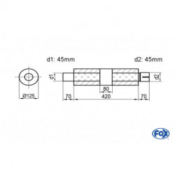 Uni-Schalldämpfer rund mit Kammer + Stutzen - Abw. 390 Ø 125mm, d1Ø 45mm (außen), d2Ø 45mm (innen), Länge: 420mm