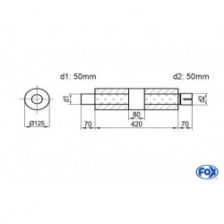 Uni-Schalldämpfer rund mit Kammer + Stutzen- Abw. 390 Ø 125mm, d1Ø 50mm (außen), d2Ø 50mm (innen), Länge: 420mm