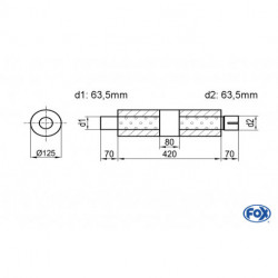 Uni-Schalldämpfer rund mit Kammer + Stutzen - Abw. 390 Ø 125mm, d1Ø 63.5 mm (außen), d2Ø 63.5 mm (innen), Länge: 420mm