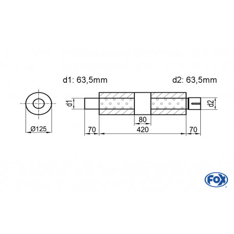 Uni-Schalldämpfer rund mit Kammer + Stutzen - Abw. 390 Ø 125mm, d1Ø 63.5 mm (außen), d2Ø 63.5 mm (innen), Länge: 420mm