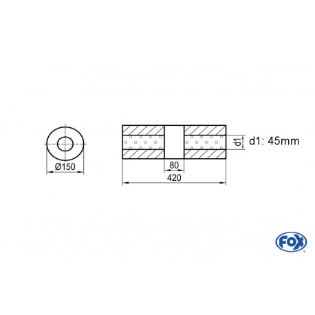 Uni-Schalldämpfer rund ohne Stutzen mit Kammer - Abw. 466 Ø 150mm, d1Ø 45mm (außen), Länge: 420mm