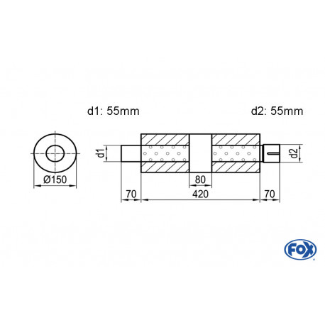 Uni-Schalldämpfer rund mit Kammer + Stutzen - Abw. 466 Ø 150mm, d1Ø 55mm (außen), d2Ø 55mm (innen), Länge: 420mm