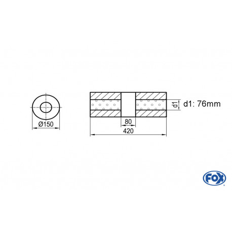 Uni-Schalldämpfer rund ohne Stutzen mit Kammer - Abw. 466 Ø 150mm, d1Ø 76mm (außen), Länge: 420mm