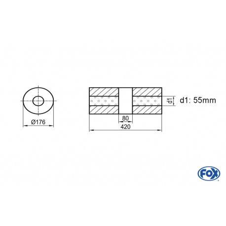 Uni-Schalldämpfer rund ohne Stutzen mit Kammer - Abw. 556 Ø 176mm, d1Ø 55mm (außen), Länge: 420mm