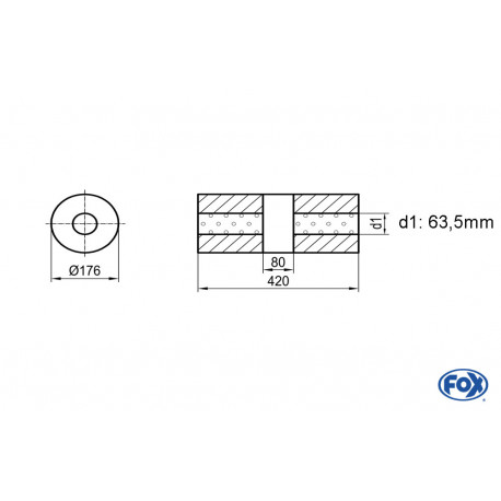 Uni-Schalldämpfer rund ohne Stutzen mit Kammer - Abw. 556 Ø 176mm, d1Ø 63mm (außen), Länge: 420mm