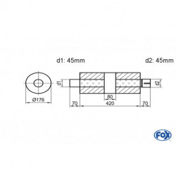 Uni-Schalldämpfer rund mit Kammer + Stutzen - Abw. 556 Ø 176mm, d1Ø 45mm (außen), d2Ø 45mm (innen), Länge: 420mm