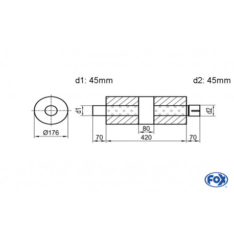 Uni-Schalldämpfer rund mit Kammer + Stutzen - Abw. 556 Ø 176mm, d1Ø 45mm (außen), d2Ø 45mm (innen), Länge: 420mm