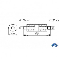 Uni-Schalldämpfer rund mit Kammer + Stutzen - Abw. 556 Ø 176mm, d1Ø 50mm (außen), d2Ø 50mm (innen), Länge: 420mm
