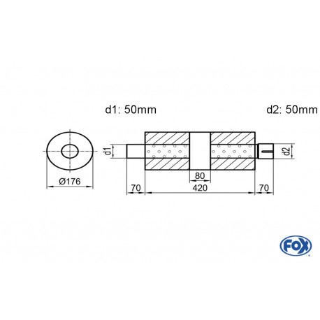 Uni-Schalldämpfer rund mit Kammer + Stutzen - Abw. 556 Ø 176mm, d1Ø 50mm (außen), d2Ø 50mm (innen), Länge: 420mm