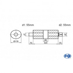 Uni-Schalldämpfer rund mit Kammer + Stutzen - Abw. 556 Ø 176mm, d1Ø 55mm (außen), d2Ø 55mm (innen), Länge: 420mm