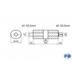 Uni-Schalldämpfer rund mit Kammer + Stutzen - Abw. 556 Ø 176mm, d1Ø 63mm (außen), d2Ø 63mm (innen), Länge: 420mm
