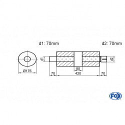 Uni-Schalldämpfer rund mit Kammer + Stutzen - Abw. 556 Ø 176mm, d1Ø 70mm (außen), d2Ø 70mm (innen), Länge: 420mm
