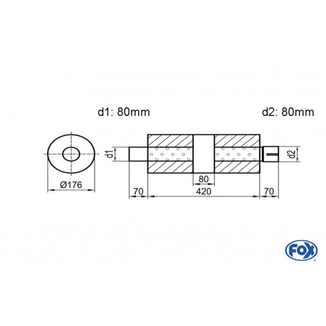 Uni-Schalldämpfer rund mit Kammer + Stutzen - Abw. 556 Ø 176mm, d1Ø 80mm (außen), d2Ø 80mm (innen), Länge: 420mm