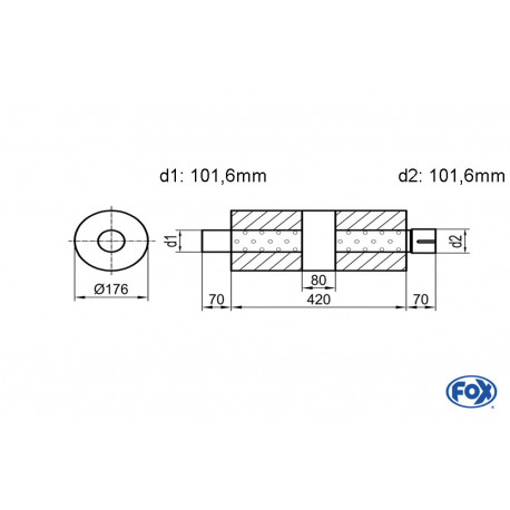 Uni-Schalldämpfer rund mit Kammer + Stutzen - Abw. 556 Ø 176mm, d1Ø 101,6mm (außen), d2Ø 101,6mm (innen), Länge: 420mm