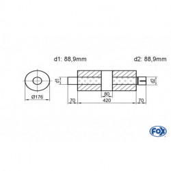 Uni-Schalldämpfer rund mit Kammer + Stutzen - Abw. 556 Ø 176mm, d1Ø 88,9mm (außen), d2Ø 88,9mm (innen), Länge: 420mm