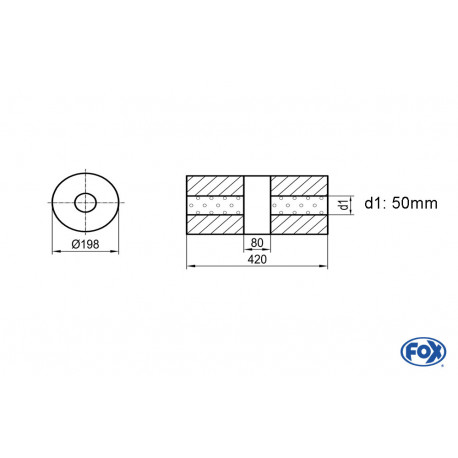 Uni-Schalldämpfer rund ohne Stutzen mit Kammer - Abw. 626 Ø 198mm, d1Ø 50mm (außen), Länge: 420mm