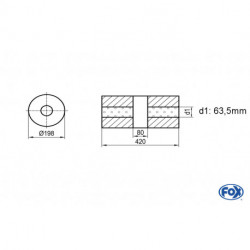 Uni-Schalldämpfer rund ohne Stutzen mit Kammer - Abw. 626 Ø 198mm, d1Ø 63.5 mm (außen), Länge: 420mm