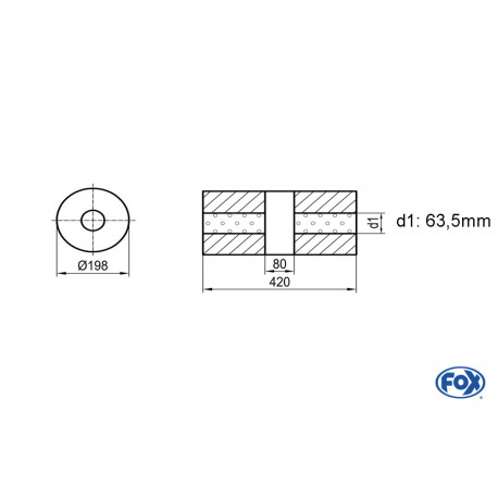 Uni-Schalldämpfer rund ohne Stutzen mit Kammer - Abw. 626 Ø 198mm, d1Ø 63.5 mm (außen), Länge: 420mm