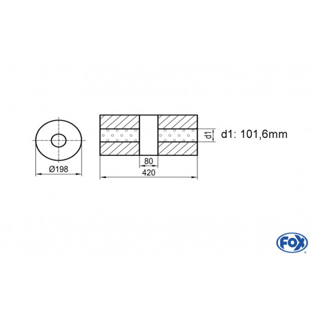 Uni-Schalldämpfer rund ohne Stutzen mit Kammer - Abw. 626 Ø 198mm, d1Ø 101,6mm (außen), Länge: 420mm