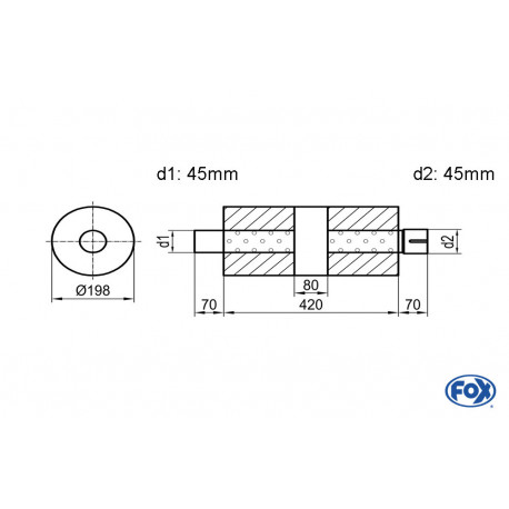 Uni-Schalldämpfer rund mit Kammer + Stutzen - Abw. 626 Ø 198mm, d1Ø 45mm (außen), d2Ø 45mm (innen), Länge: 420mm