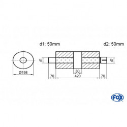 Uni-Schalldämpfer rund mit Kammer + Stutzen - Abw. 626 Ø 198mm, d1Ø 50mm (außen), d2Ø 50mm (innen), Länge: 420mm