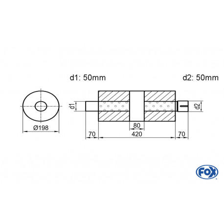 Uni-Schalldämpfer rund mit Kammer + Stutzen - Abw. 626 Ø 198mm, d1Ø 50mm (außen), d2Ø 50mm (innen), Länge: 420mm