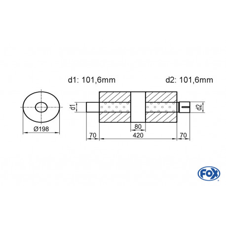 Uni-Schalldämpfer rund mit Kammer + Stutzen - Abw. 626 Ø 198mm, d1Ø 101mm (außen) d2Ø 101mm (innen) , Länge: 420mm