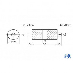 Uni-Schalldämpfer rund mit Kammer + Stutzen - Abw. 626 Ø 198mm, d1Ø 70mm (außen) d2Ø 70mm (innen), Länge: 420mm