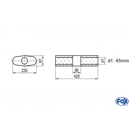 Uni-Schalldämpfer Oval ohne Stutzen mit Kammer - Abw. 558 235x97mm, d1Ø 45mm (außen), Länge: 420mm