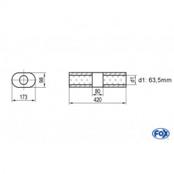 Uni-Schalldämpfer Oval ohne Stutzen mit Kammer - Abw. 450 173x98mm, d1Ø 63.5 mm (außen), Länge: 420mm