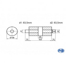 Uni-Schalldämpfer rund mit Kammer + Stutzen - Abw. 626 Ø 198mm, d1Ø 63.5 mm (außen) d2Ø 63.5 mm (innen), Länge: 420mm