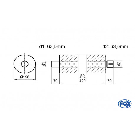 Uni-Schalldämpfer rund mit Kammer + Stutzen - Abw. 626 Ø 198mm, d1Ø 63.5 mm (außen) d2Ø 63.5 mm (innen), Länge: 420mm