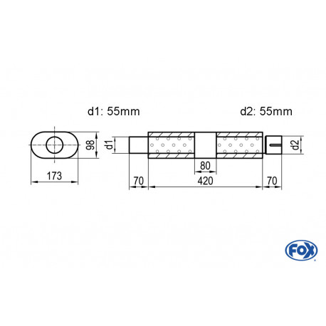 Uni-Schalldämpfer oval mit Kammer + Stutzen - Abw. 450 173x98mm, d1Ø 55mm (außen), d2Ø 55mm (innen), Länge: 420mm