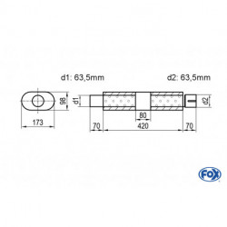 Uni-Schalldämpfer oval mit Kammer + Stutzen - Abw. 450 173x98mm, d1Ø 63.5 mm (außen), d2Ø 63.5 mm (innen), Länge: 420mm